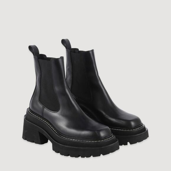 NEW Sandro Chelsea Ankle Boots EU 37 Black Leather Chunky Lug Sole Square Toe - Picture 2 of 16